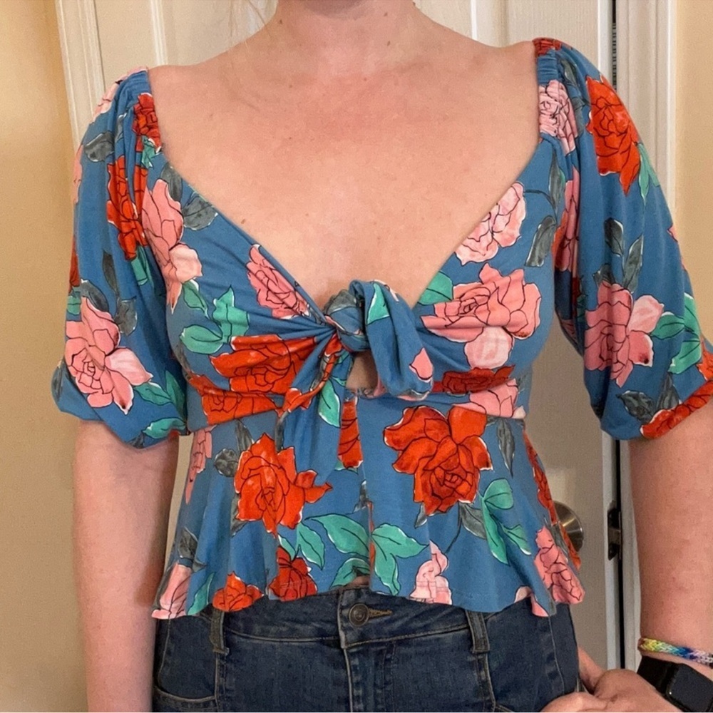 Rachel Pally Blue Floral Multicolor Tie Blouse Size Large